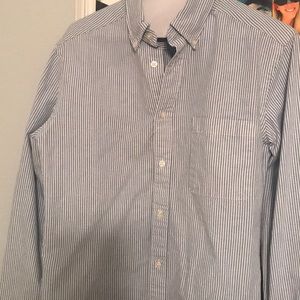 Blue and white stripe, long sleeve button down.